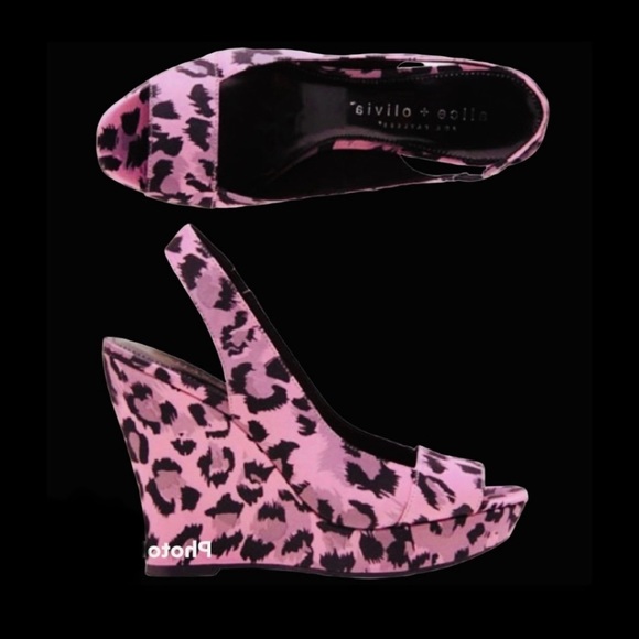 ηεω A+O Pink Leopard Slingback Peep-Toe Wedge Vintage Alice + Olivia Excellent - Picture 15 of 16